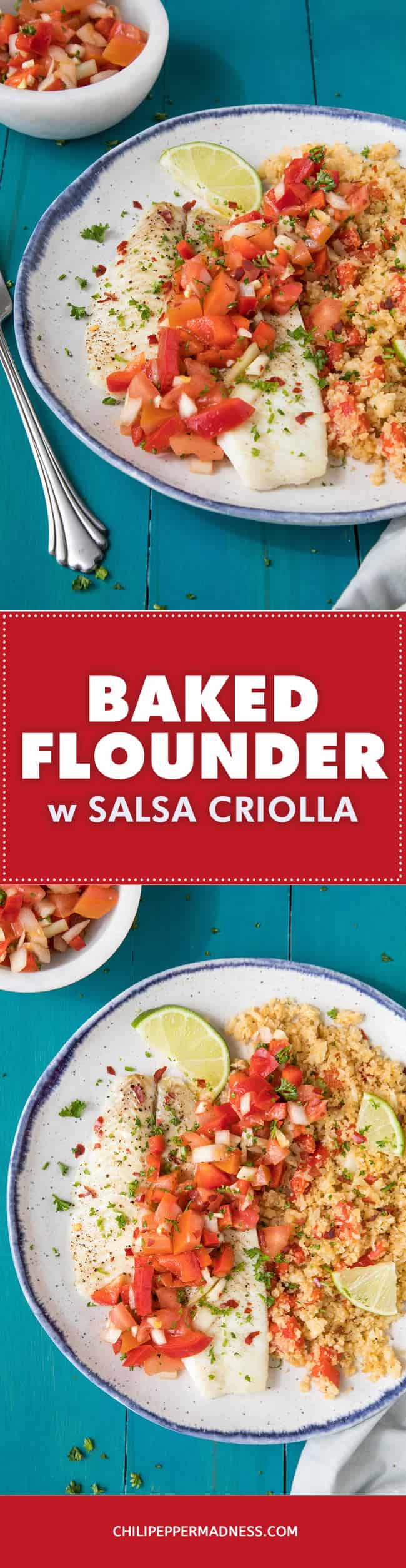 Baked Flounder with Salsa Criolla - Recipe | ChiliPepperMadness.com #flounder #whitefish #lowcalorie #seafood