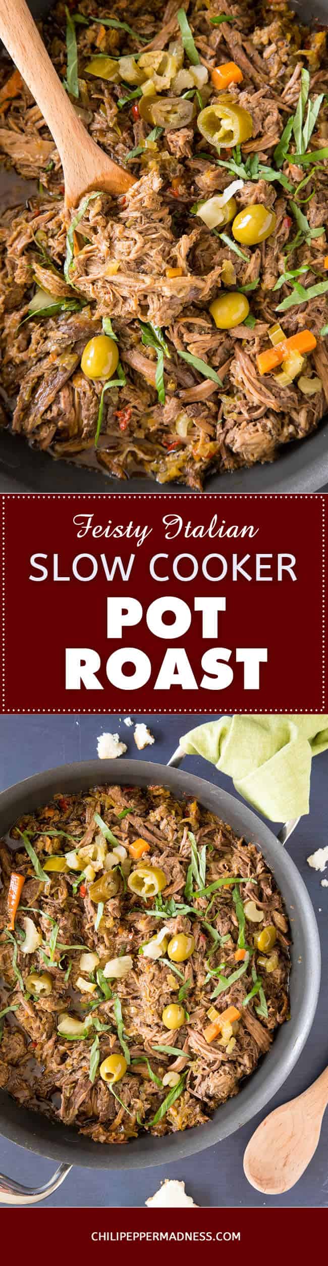Feisty Italian Slow Cooker Pot Roast - Recipe | ChiliPepperMadness.com #potroast #beefroast #slowcooker #crockpot #spicyfood