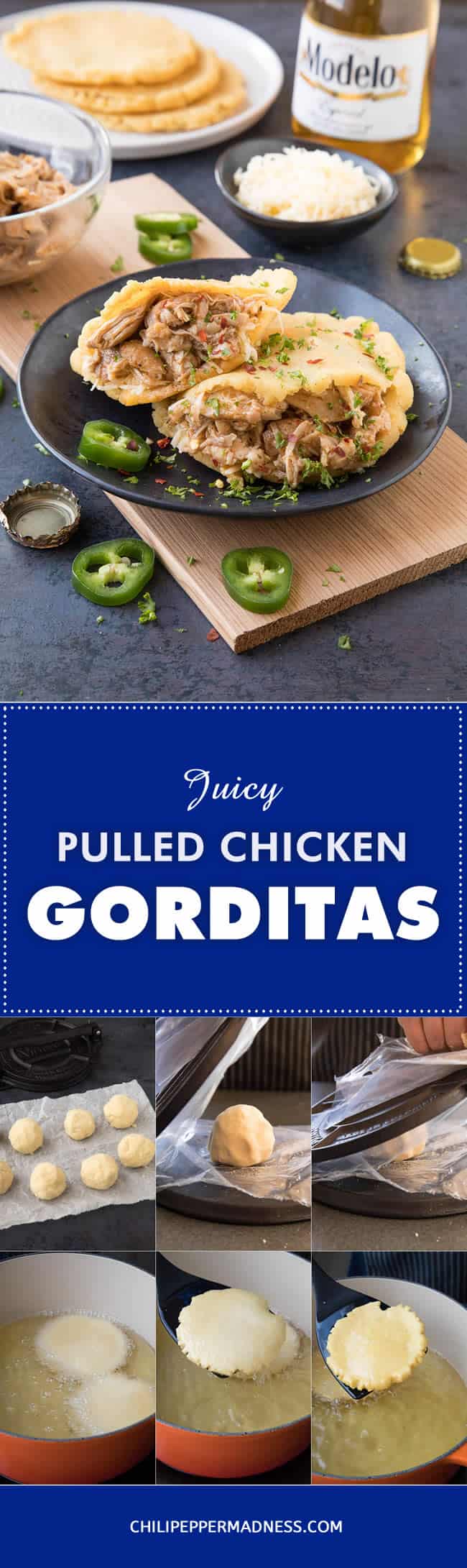 Pulled Chicken Gorditas - Recipe | ChiliPepperMadness.com #gorditas #pulledchicken #MexicanFood #CincodeMayo