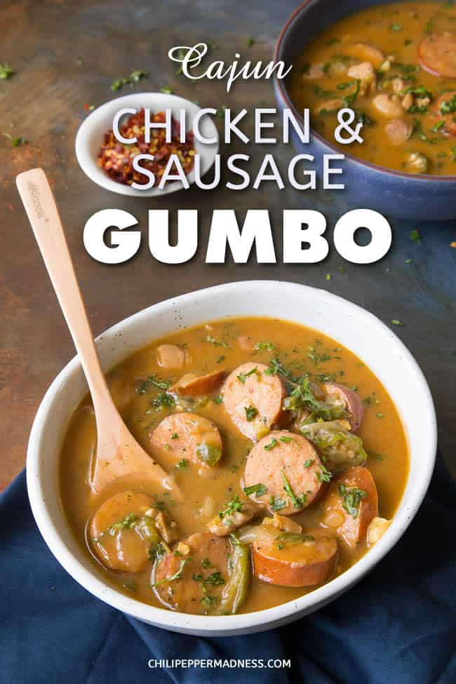 Cajun Chicken and Sausage Gumbo - This down home Cajun chicken and sausage gumbo recipe is made with a rich and comforting dark roux, the Cajun holy trinity of vegetables, seared chicken, smoked andouille, and plenty of Cajun seasoning. This is one of my most favorite dishes in the whole world. I can never get enough gumbo. | ChiliPepperMadness.com #Cajun #Gumbo #CajunCuisine #CajunFood