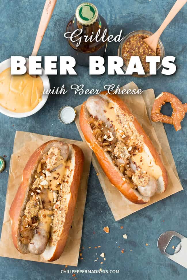 Grilled Beer Brats with Homemade Beer Cheese Recipe | ChiliPepperMadness.com - These grilled beer brats are stewed in beer with onions and peppers, then topped with caramelized onions, homemade beer cheese and pretzel crumbles. Here is the recipe. Bust out those grills! #brats #grilling #CookingOut #bbq #brats #beer #BeerCheese