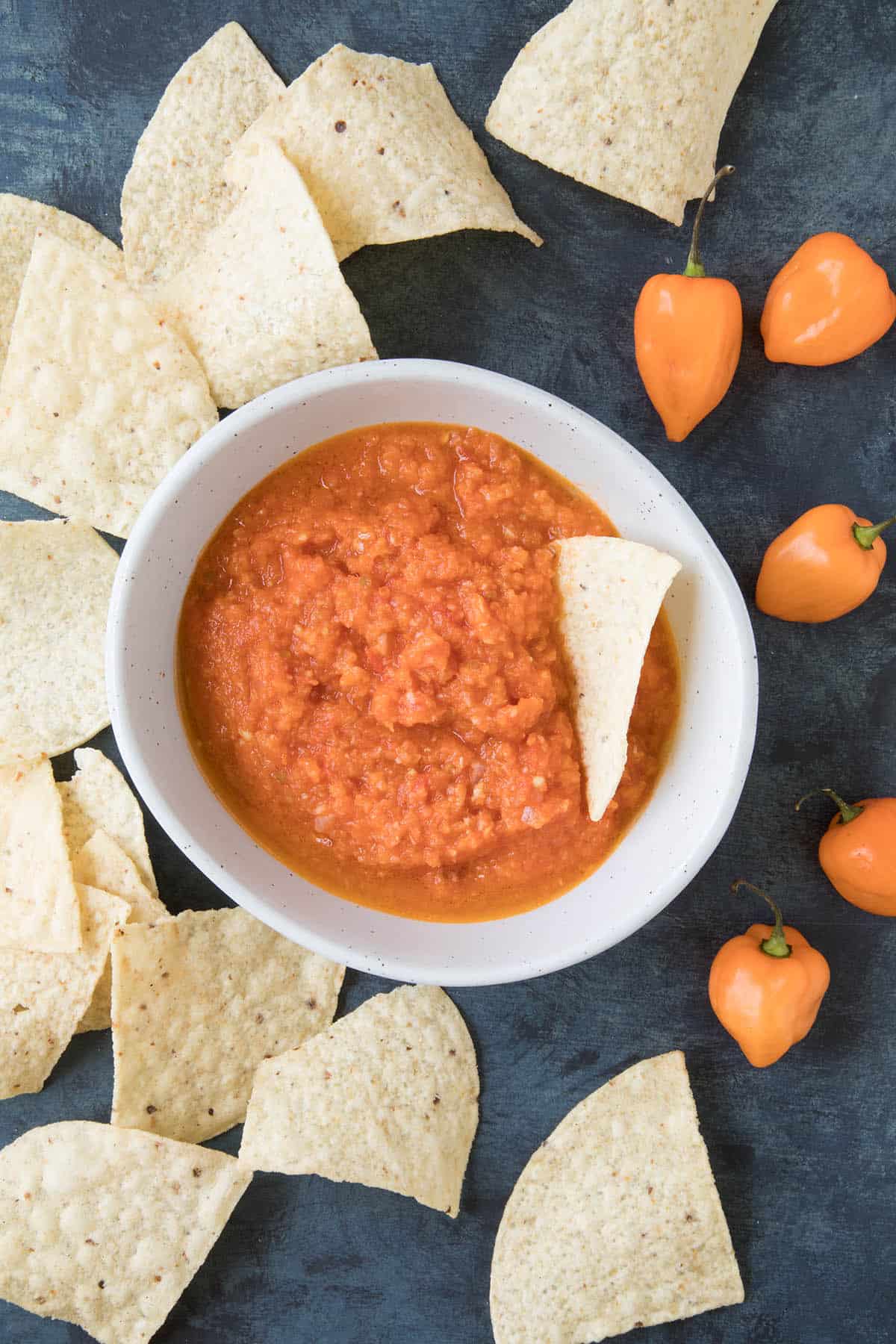 Habanero Salsa Recipe serving with corn tortilla chips.