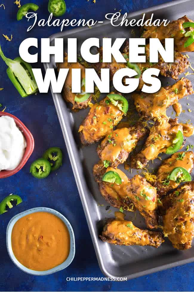 Jalapeno Cheddar Chicken Wings - Recipe | ChiliPepperMadness.com #chickenwings #hotwings #spicyfood #PartyFood