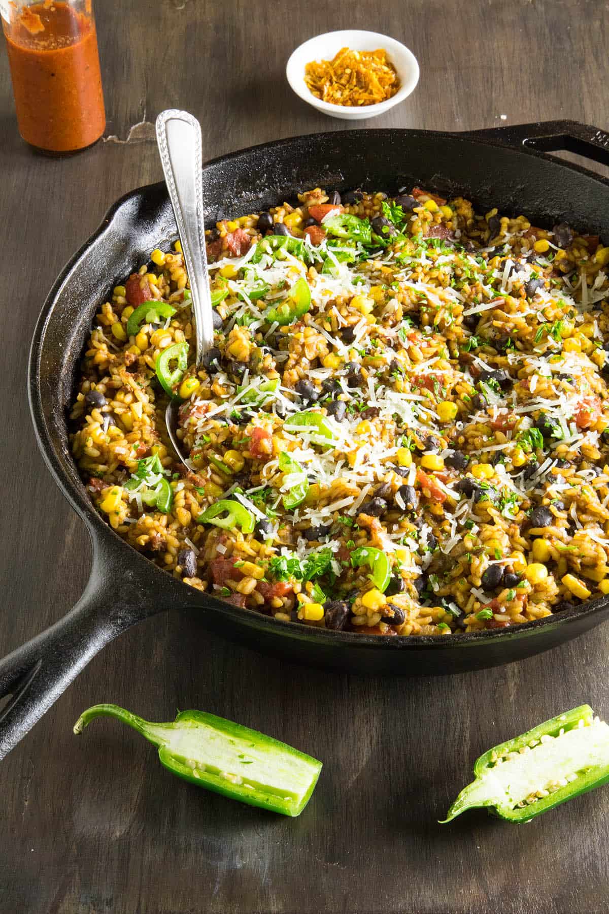 Mexican Rice with Chorizo and Black Beans - Sprinkled with Shredded Cheese
