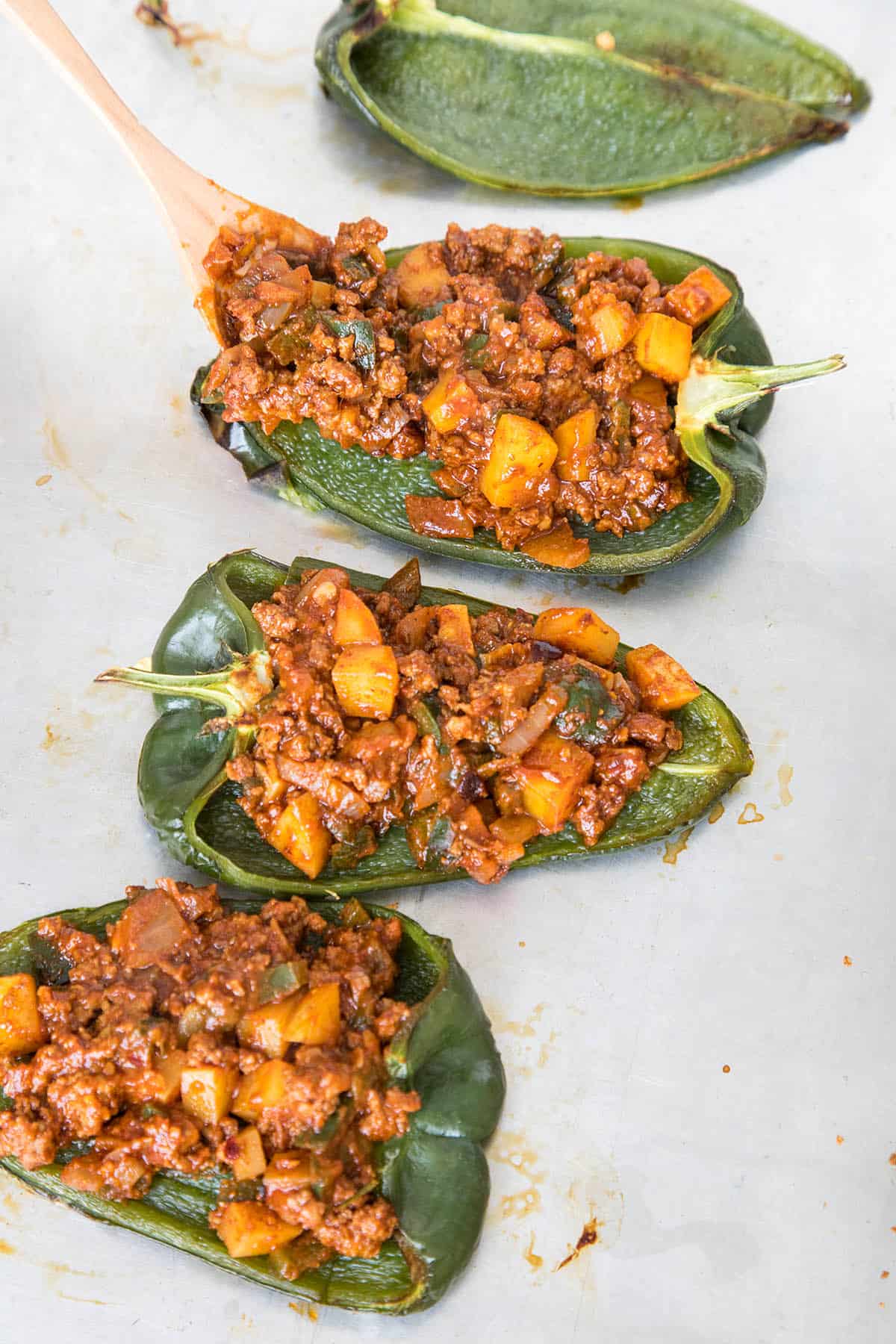 Filling the Poblano Peppers with Cooked Mexican Picadillo