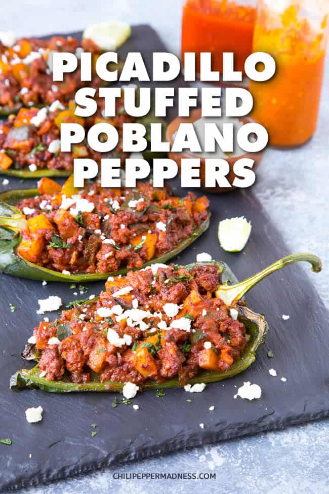 Picadillo Stuffed Poblano Peppers - Recipe | ChiliPepperMadness.com #StuffedPeppers #StuffedPoblanos #SpicyFood #DinnerIdeas #MexicanFood