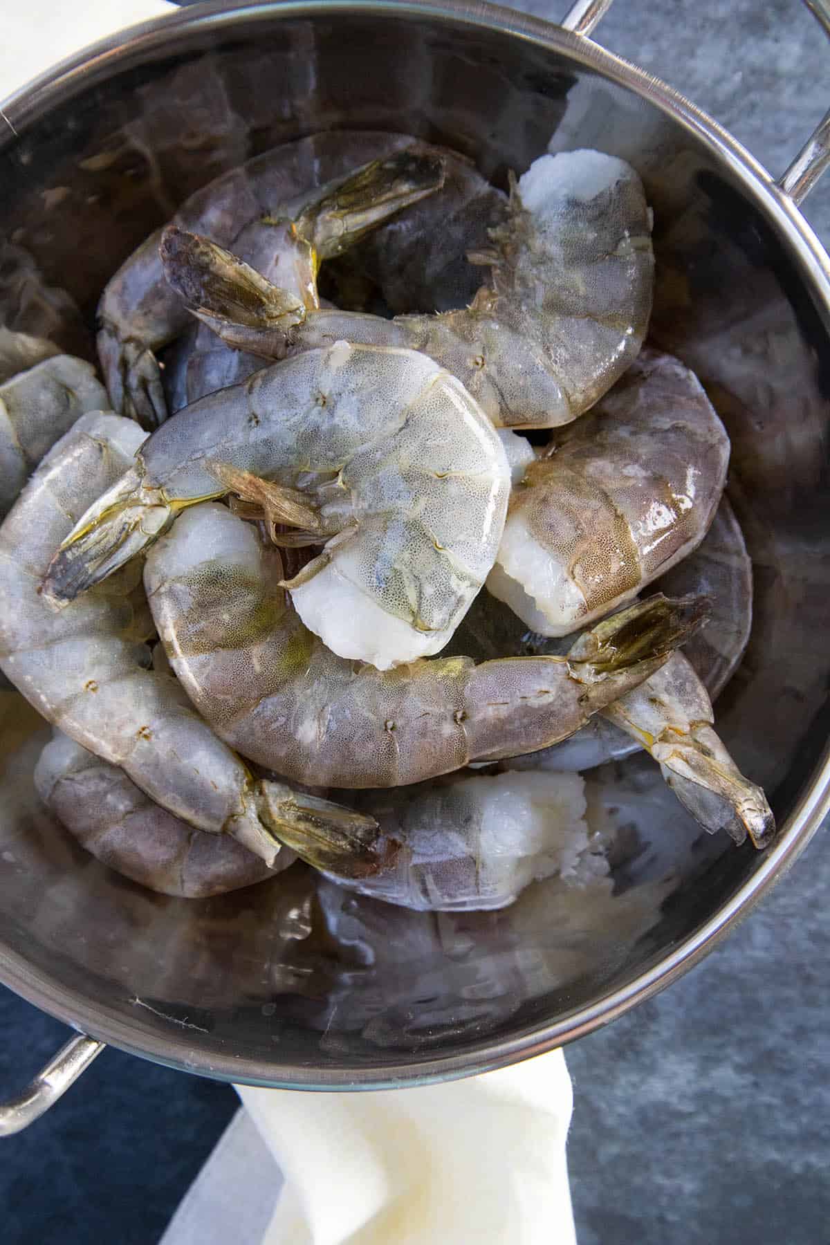 Raw Shrimp for our Habanero-Honey Glazed Bacon Wrapped Shrimp.