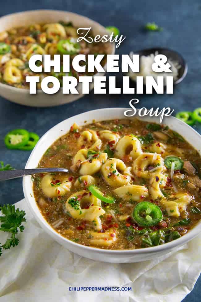 Zesty Chicken Tortellini Soup Recipe | ChiliPepperMadness.com #SoupRecipe #Soup #Tortellini #Dinner #Lunch #EasyMeals