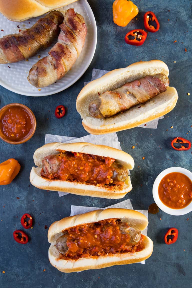 Bacon Wrapped Beer Brats with Spicy Habanero Sauce Chili Pepper Madness