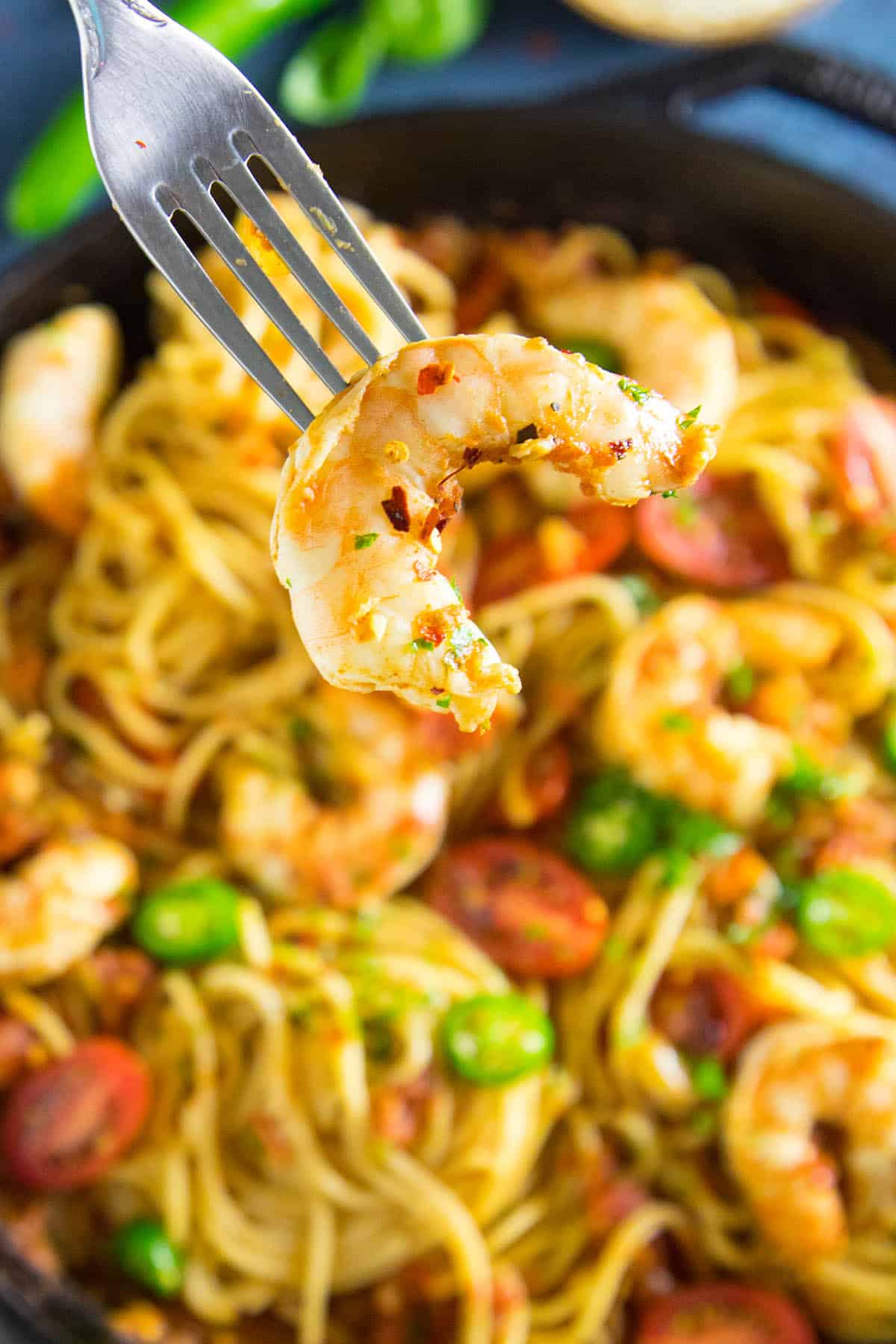 Succulent Shrimp on a fork from our Cajun Shrimp Pasta.