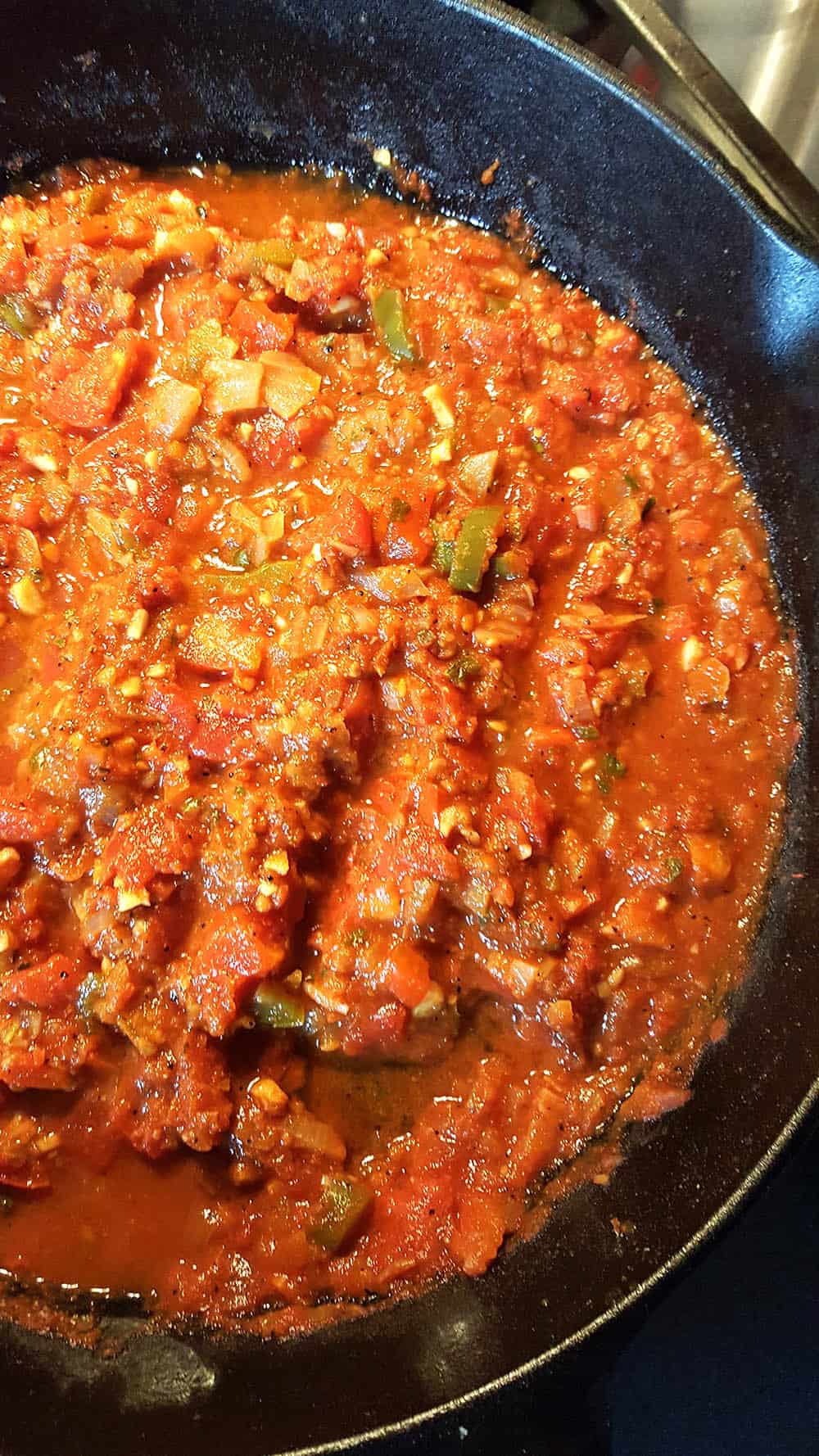 Simmering sauce for our Cajun Shrimp Pasta.
