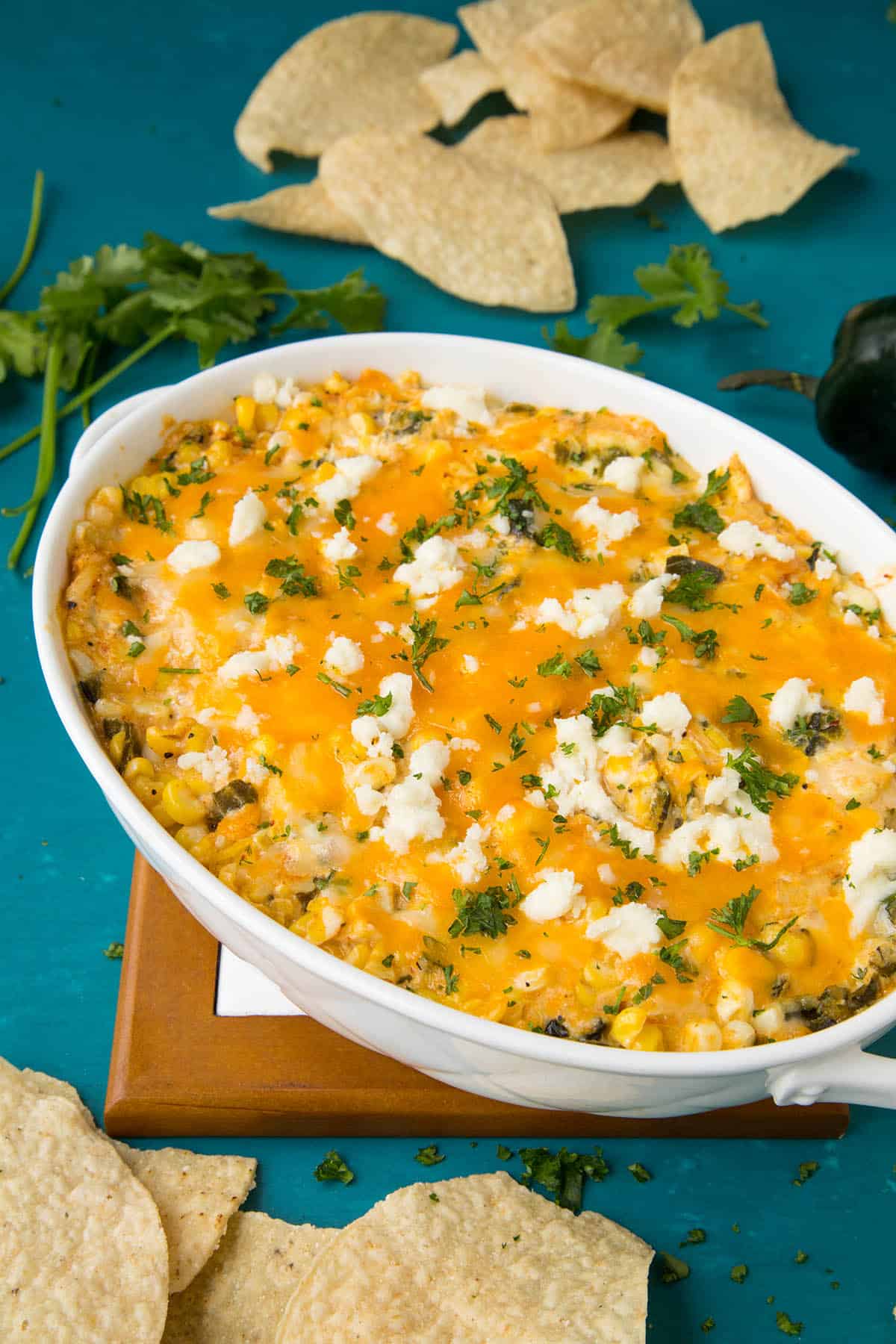 This cheese dip is extra cheesy, with roasted poblano peppers and corn.