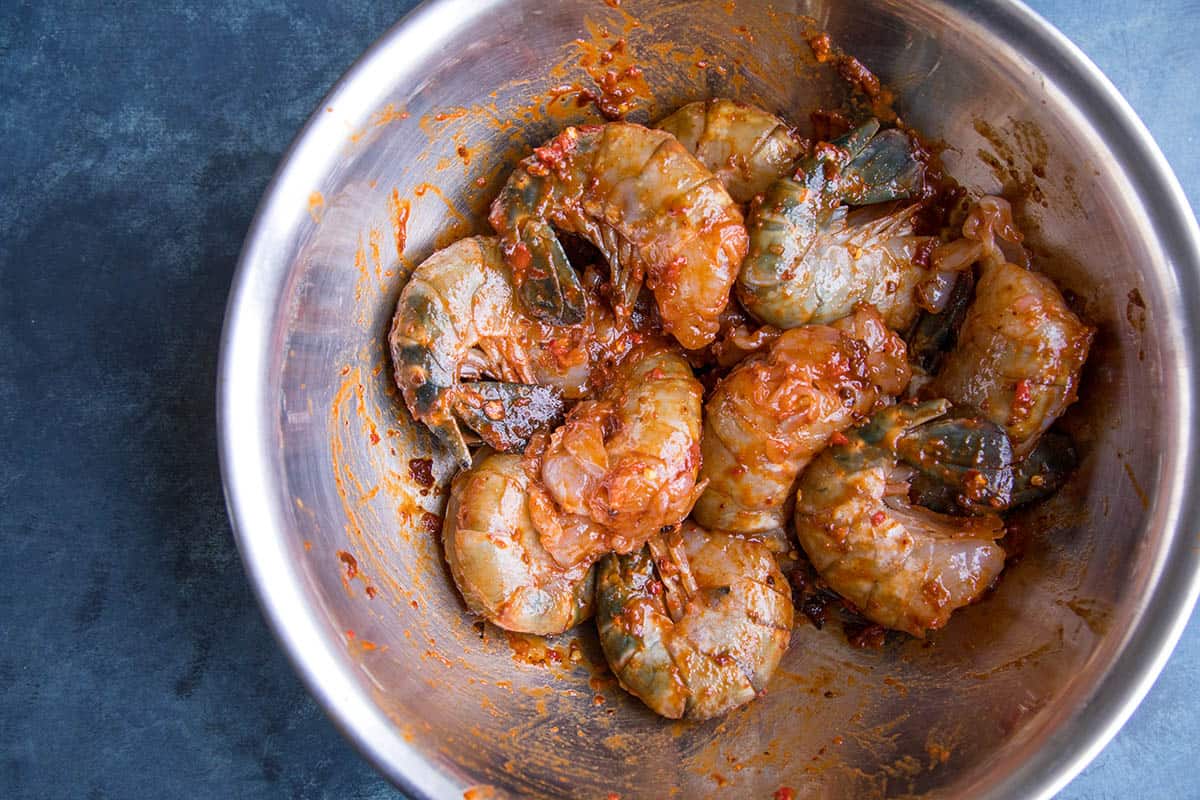 Marinating the Colossal Grilled Shrimp.