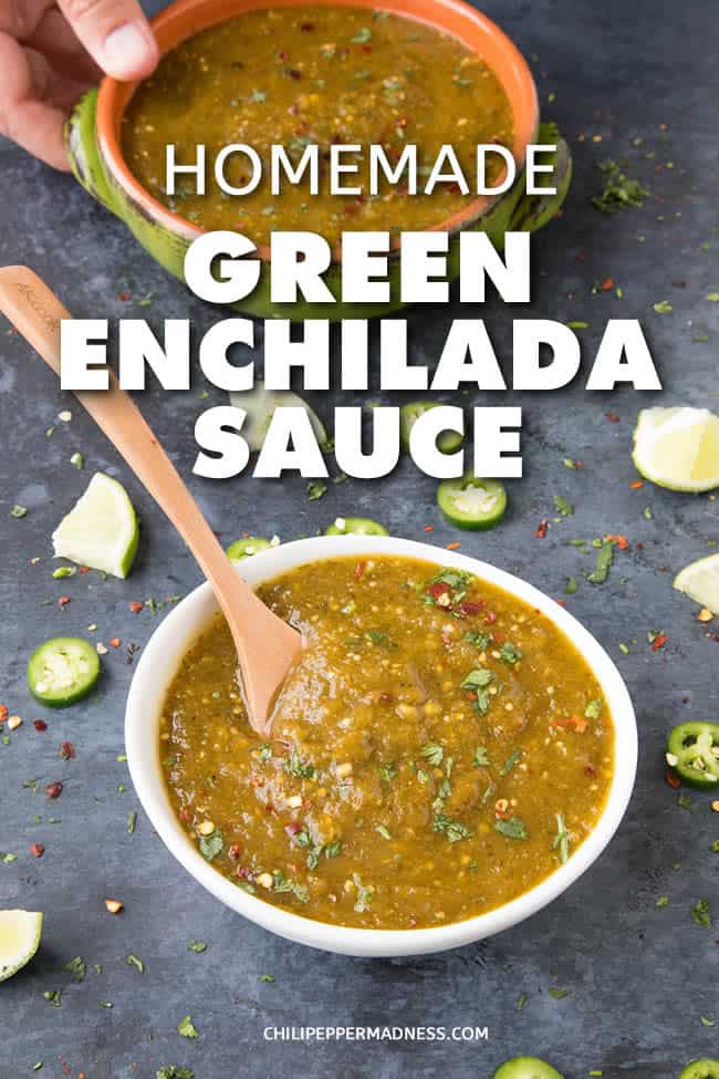 Homemade Green Enchilada Sauce with Roasted Tomatillos - Get your enchiladas ready with this homemade green enchilada sauce recipe made with fresh tomatillos, jalapenos, serranos and poblano peppers, from scratch in your own kitchen. #Mexican #Enchiladas #Dinner #Spicy #GreenSauce