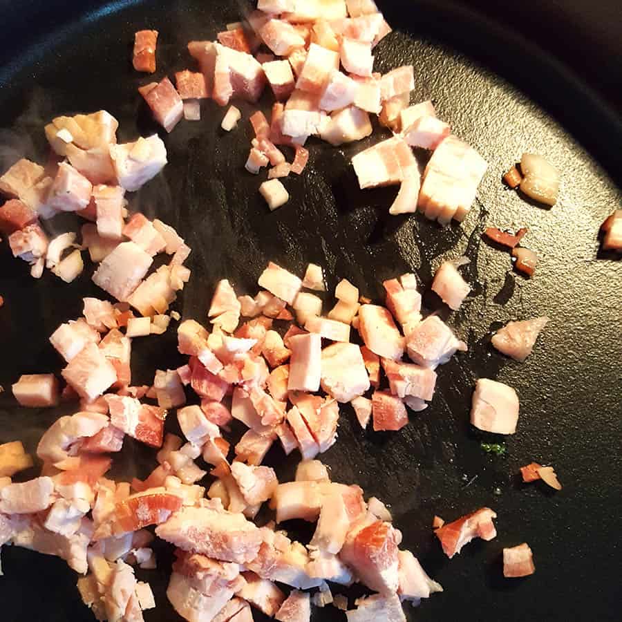 Cooking the bacon for our Maque Choux