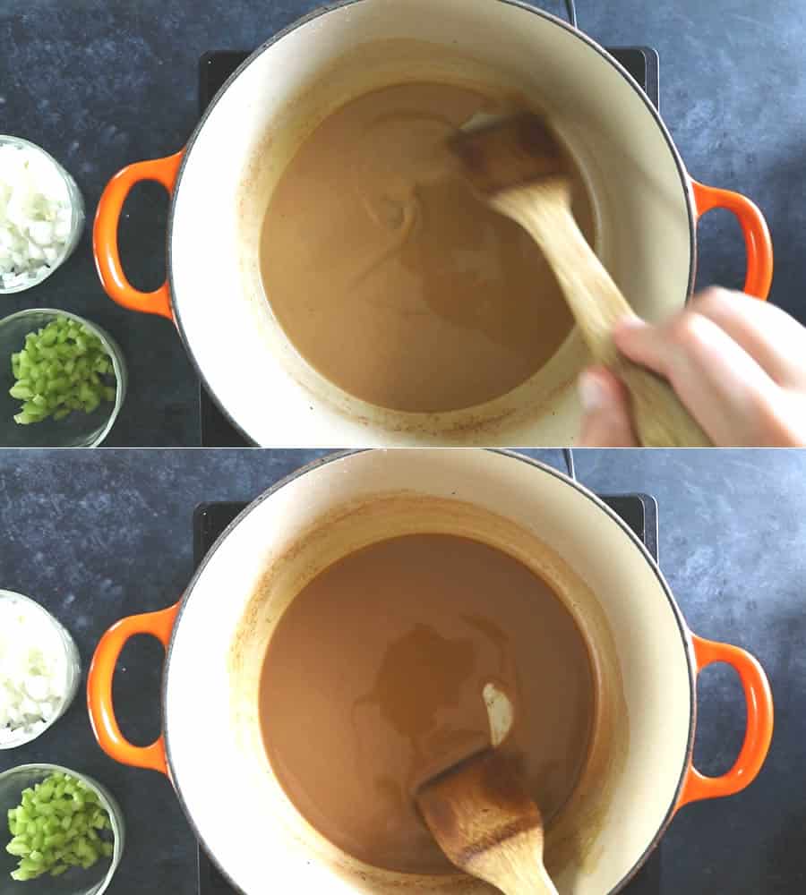 Making Roux - the color darkens the longer you cook and stir. Be sure to stir continuously.