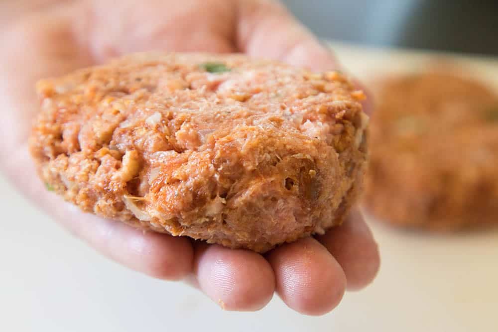 Form the turkey and chorizo mixture into patties for grilling.