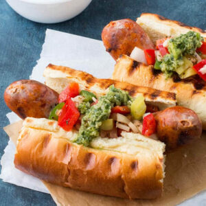 Grilled Chorizo (Choripan Argentina) with Chimichurri and Salsa Criolla - Recipe