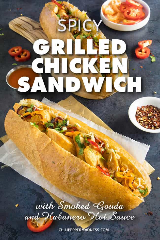Spicy Grilled Chicken Sandwich with Smoked Gouda and Habanero Hot Sauce - A recipe for grilled chicken drenched in spicy habanero hot sauce on toasty buns topped with smoked gouda and sautéed peppers. Let’s spice things up!