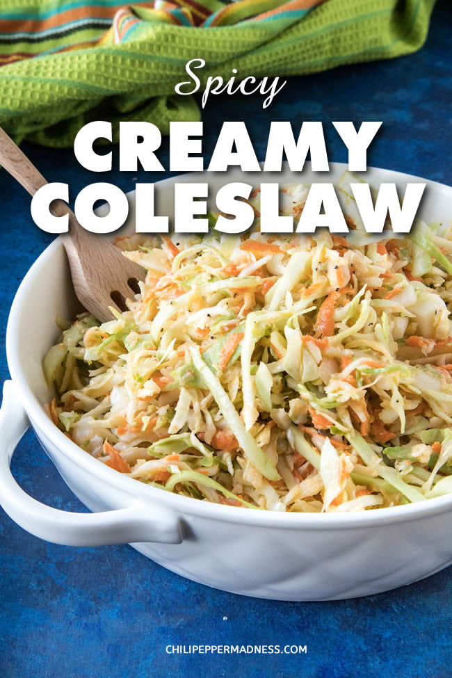 Spicy Creamy Coleslaw - This extra creamy coleslaw is made with shredded cabbage, carrot, onion and jalapeno, then tossed with a spicy dressing made with horseradish, mayo, chili powder and more. Here is the recipe. #SideDish #Coleslaw #Spicy #BBQSides #Barbecue