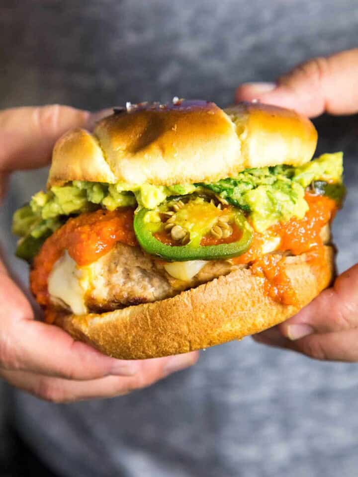 Guacamole Turkey Burgers with Roasted Jalapeno Peppers