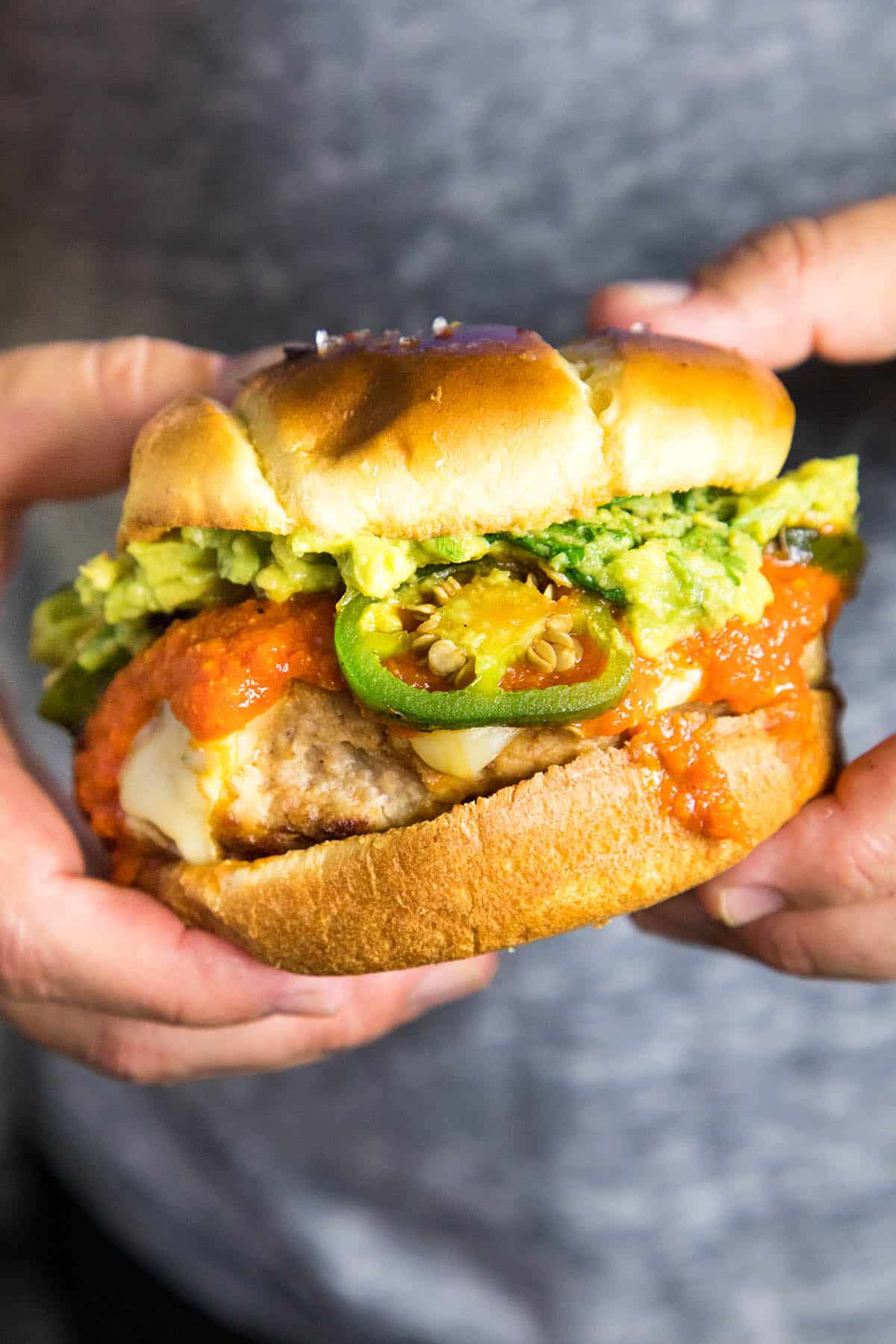 Guacamole Turkey Burgers with Roasted Jalapeno Peppers