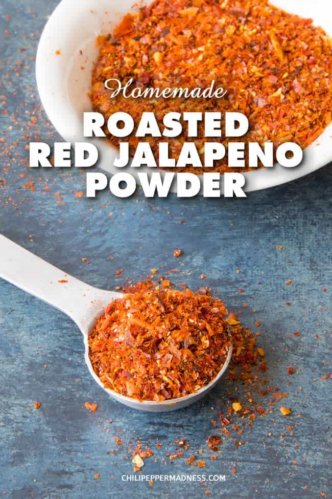Homemade Roasted Red Jalapeno Powder - Make your own spicy, smoky homemade roasted red jalapeno powder from the discarded skins of roasted jalapeno peppers. You can also make this from whole roasted or smoked peppers. It's such a great seasoning. #jalapeno #seasoning #powder #dehydrator #chilipeppers #roastedpeppers
