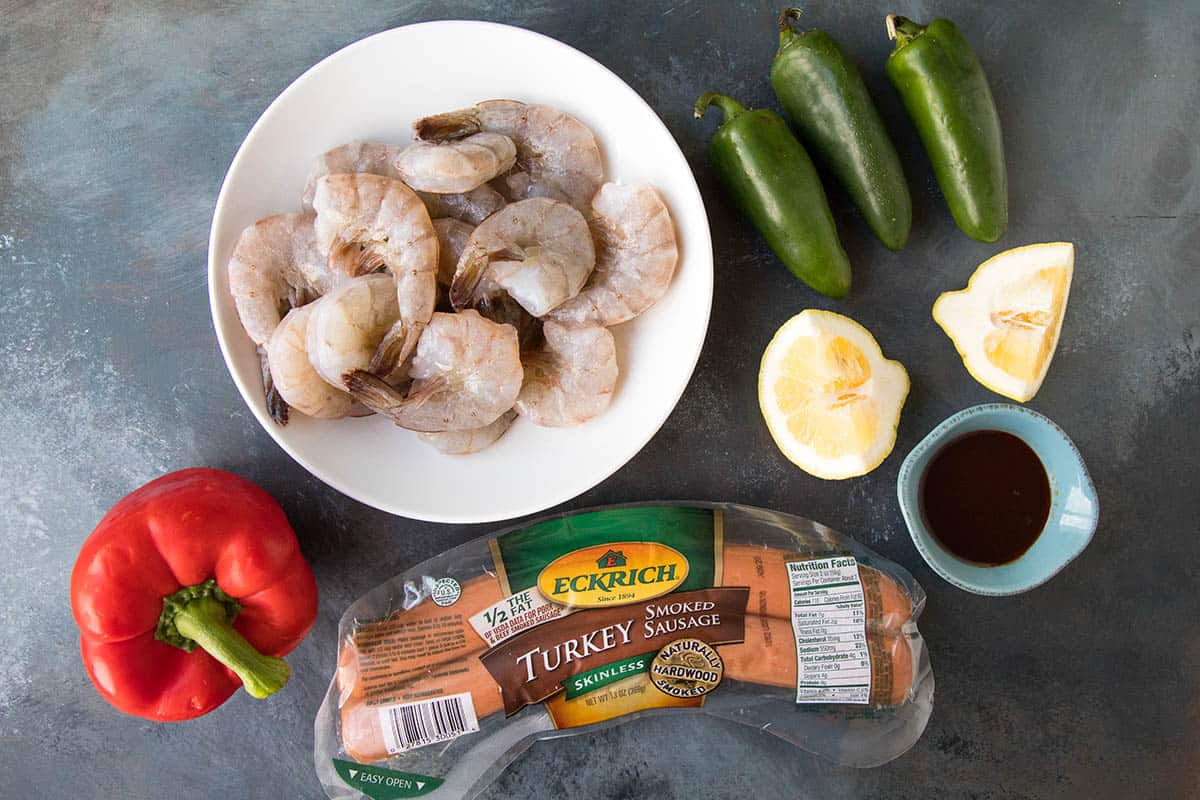 Ingredients for our 10-Minute Shrimp and Sausage Skewers.