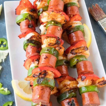 10 Minute Shrimp and Sausage Skewers - Served and Ready to Eat.