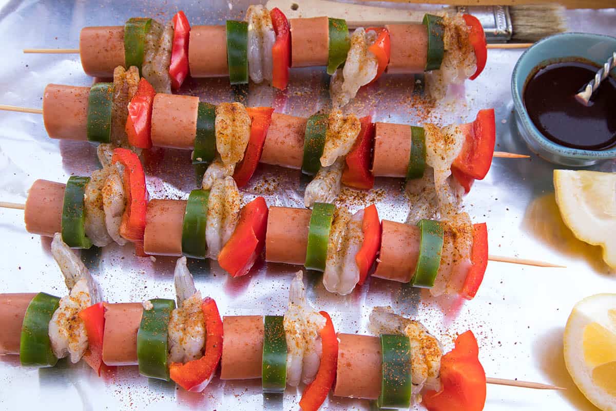 Shrimp and sausage skewers, ready to grill