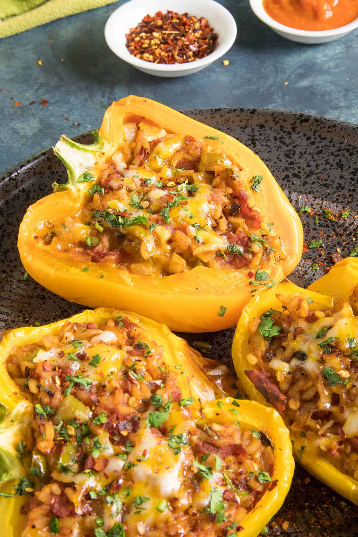 Delicious Spicy Vegetarian Stuffed Peppers, ready for you to dig in.