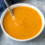 Roasted Red Hatch Chile Sauce in a big white bowl.