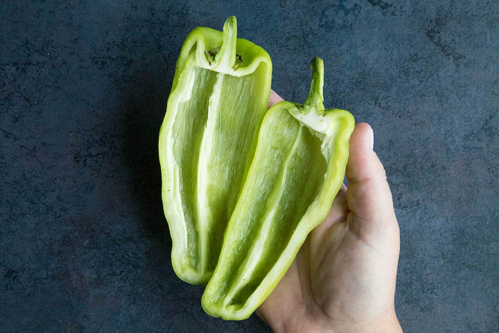 A Cubanelle Pepper sliced in half and cored