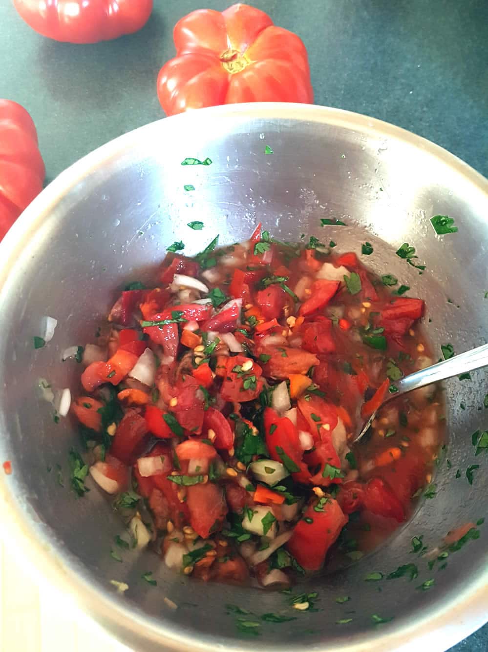 Fresh Ghost Pepper Salsa - Mixing up in a bowl