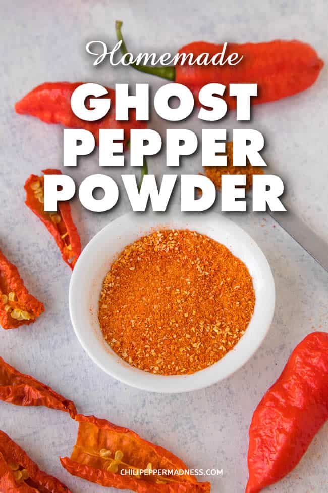 Homemade Ghost Pepper Powder - Make your own spicy, homemade ghost pepper powder in your own kitchen with this recipe. All you need are ghost peppers and a dehydrator. Use it to spice up anything or make your own seasoning blends. #GhostPepper #BhutJolokia #Spice #Spicy #Seasoning #ChiliPowder #Dehydrator