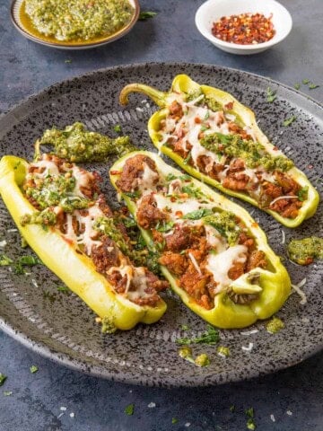 Turkey Stuffed Cubanelle Peppers served on a big plate