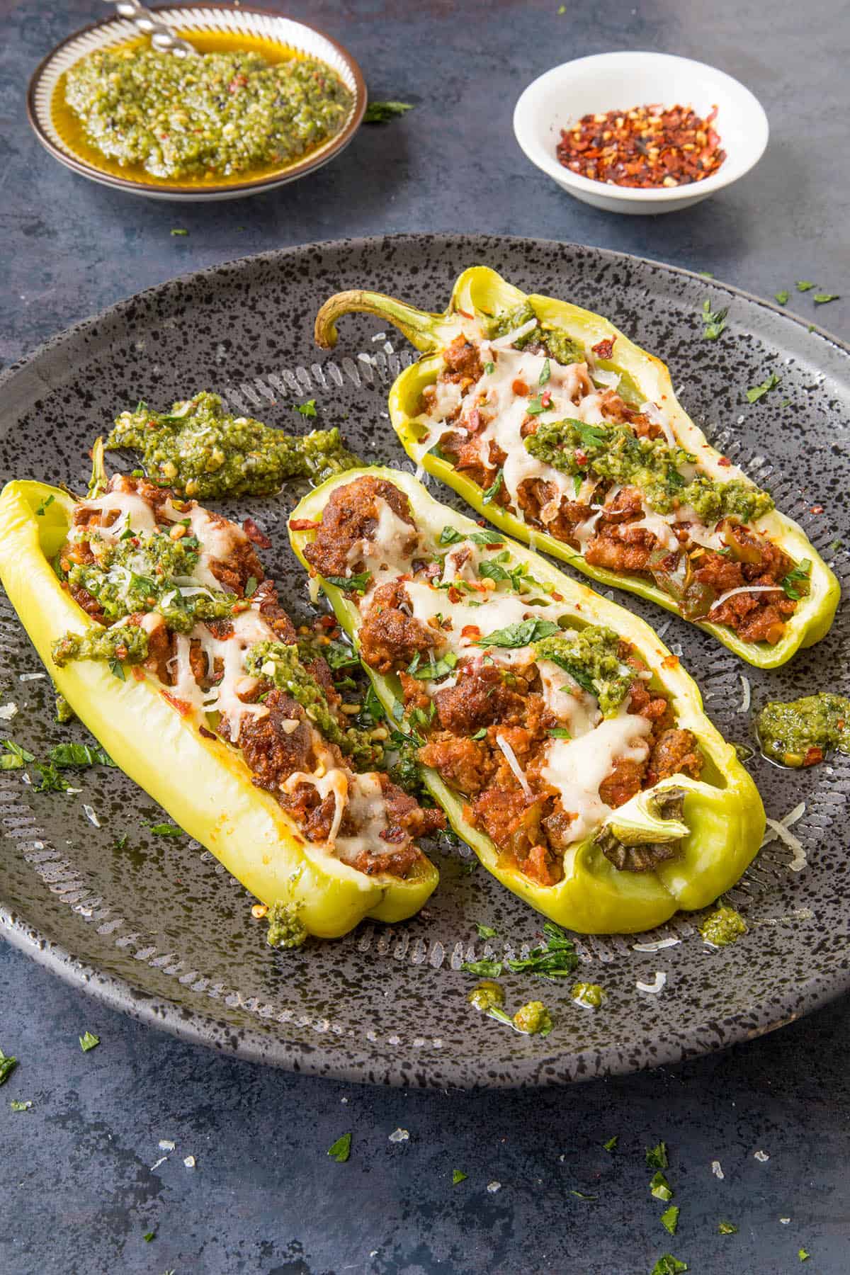 Turkey Stuffed Cubanelle Peppers served on a big plate