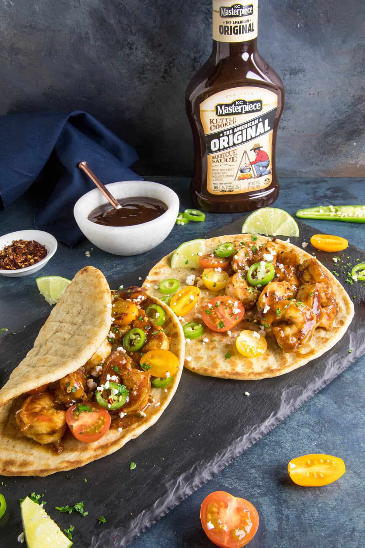 BBQ Shrimp Flatbreads served and looking yum.