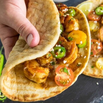 BBQ Shrimp Flatbreads - In my hand and ready to eat