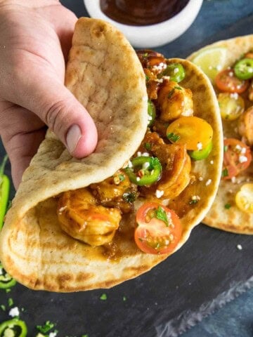 BBQ Shrimp Flatbreads - In my hand and ready to eat.