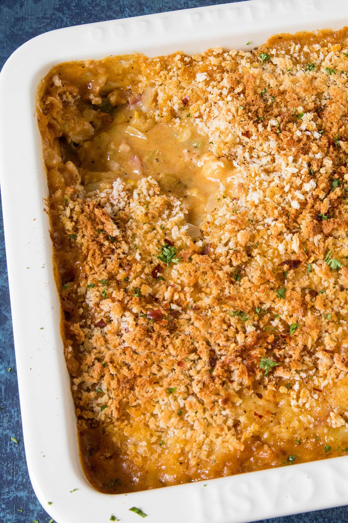 Creamy Cajun Chicken Casserole - with a scoop taken out