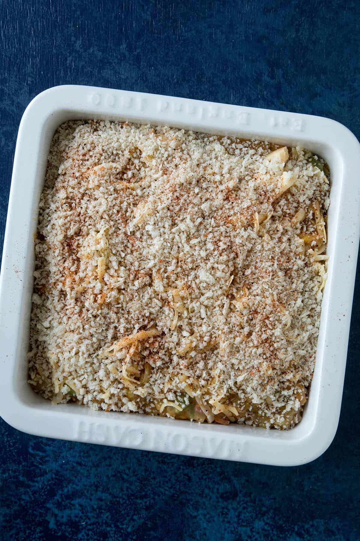 Top the Cajun Chicken Casserole with Panko bread crumbs.