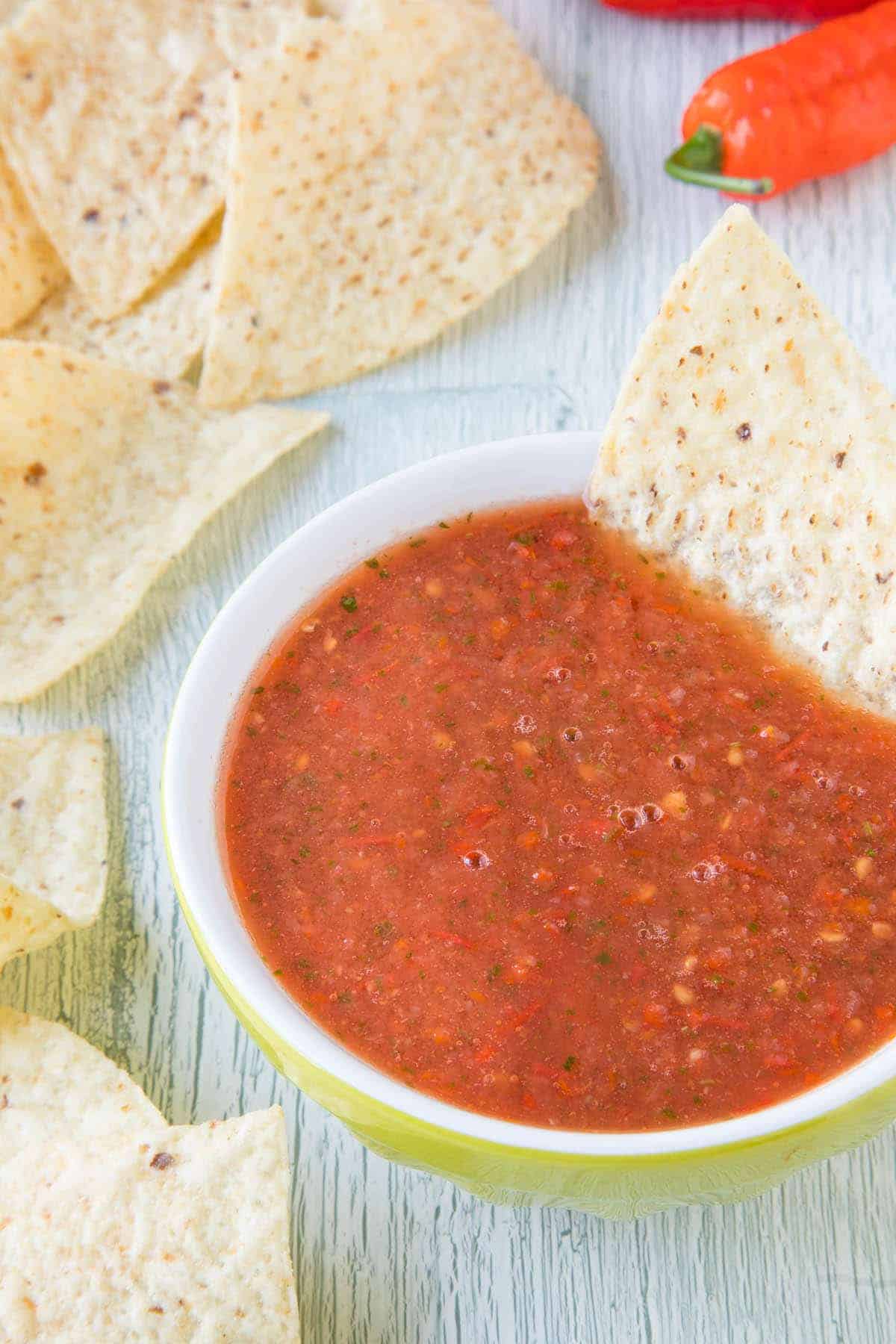 Ghost Pepper Salsa - In a bowl with chips