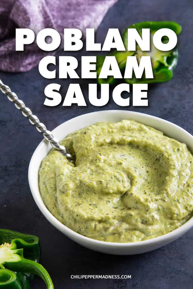 4-Ingredient Roasted Poblano Cream Sauce - A recipe for the easiest roasted poblano cream sauce, using only 4 ingredients, with big roasted poblano flavor. Perfect for tacos or any Mexican dish, and even as a dip. #Sauce #Poblanos #CreamSauce #MexicanSauce