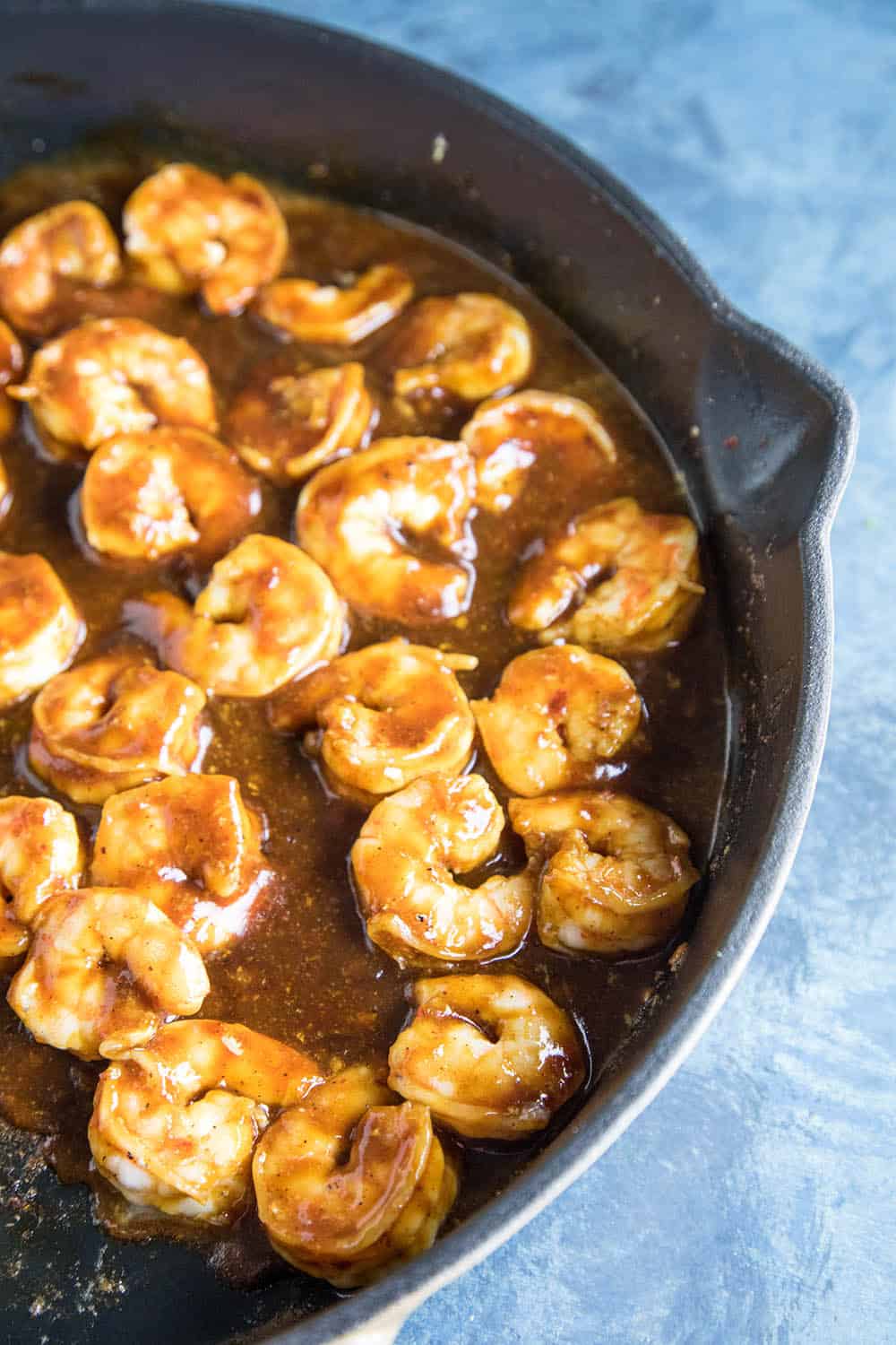 Seared shrimp in bbq sauce.