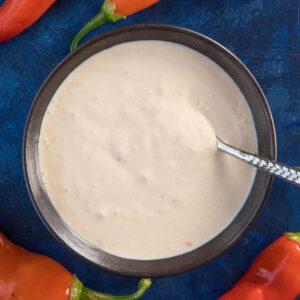 A big bowl full of the homemade Aji Amarillo Sauce