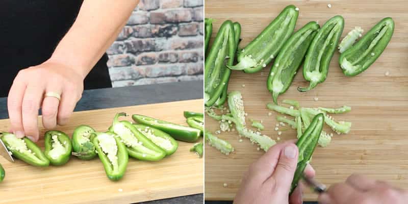 Slicing open the jalapeno peppers and coring them out