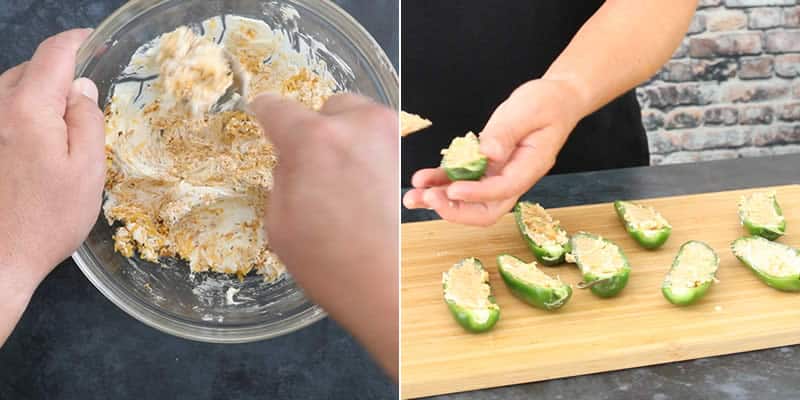 Mix the stuffing then stuff the jalapeno poppers