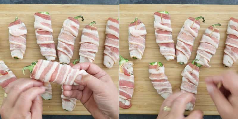 Wrapping the poppers in bacon and securing them with a toothpick
