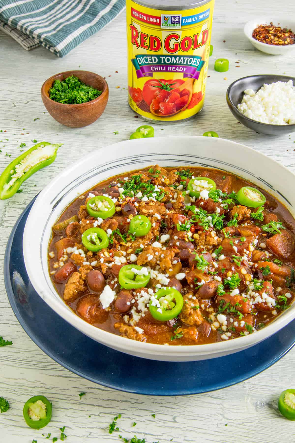 A big bowl of spicy chili with Red Gold Tomatoes